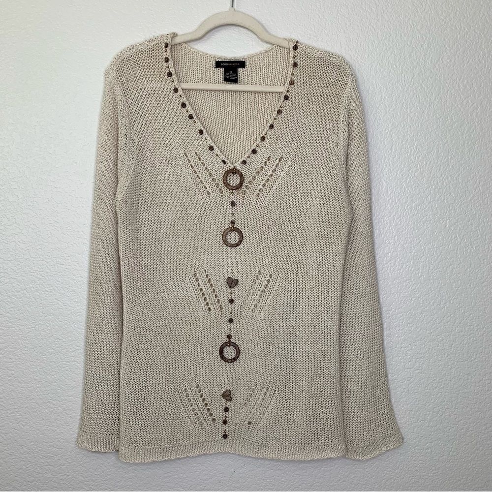 BCBGMaxAzria Cream Open Knit V-neck Sweater, Size 1X